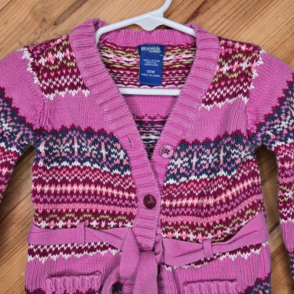 Y2K Genuine Kids by Oshkosh Knit Button Cardigan Belted 12 Months Fair Isle - Picture 2 of 5